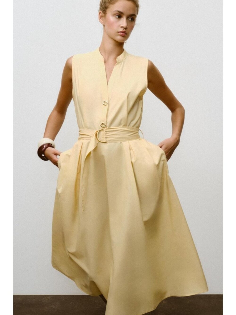 Zara Womens Poplin Belted Midi Dress M Medium Butter Flared Hem 5029/128 NWT - Picture 4 of 15